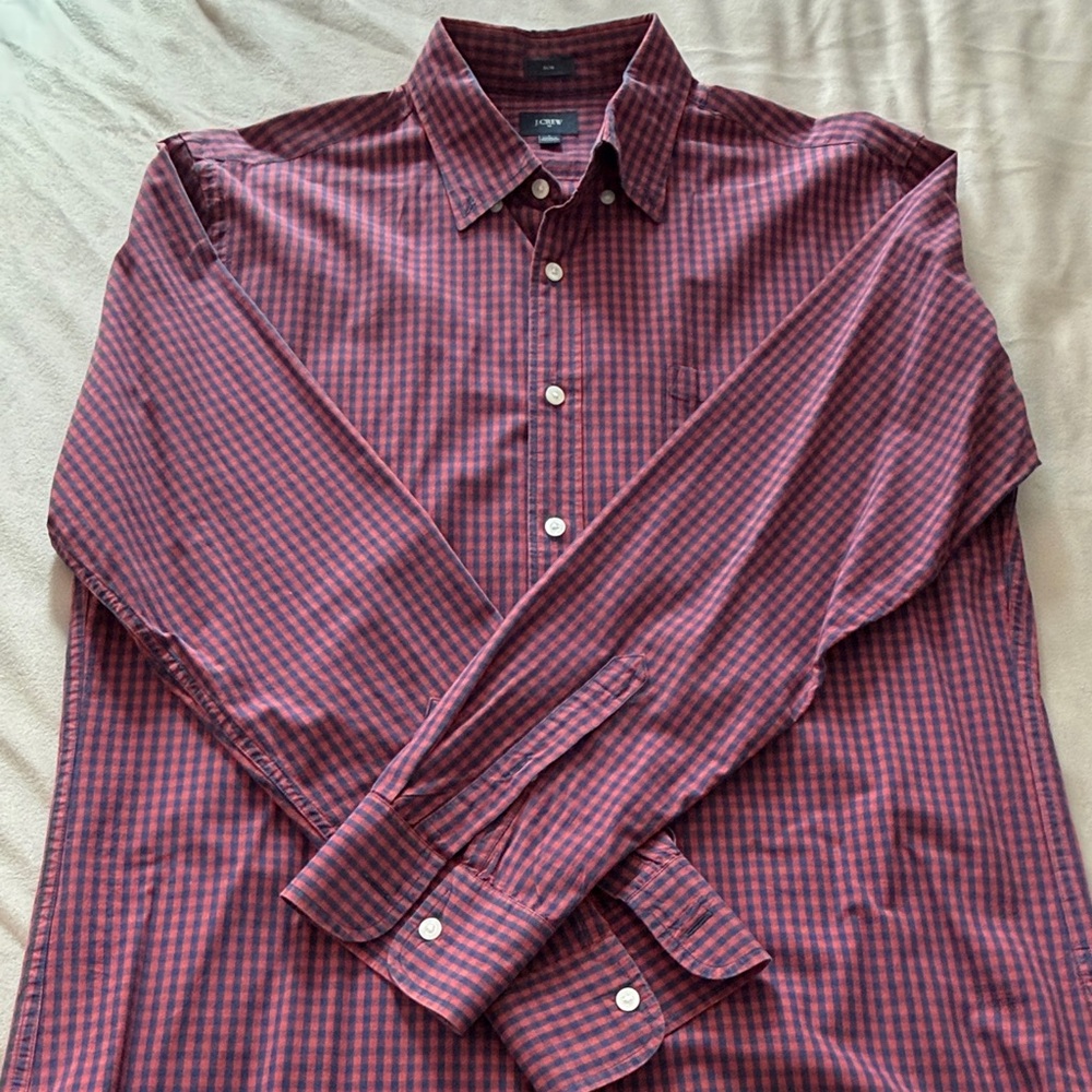 J. Crew Factory Burgundy and Navy Checkered Shirt